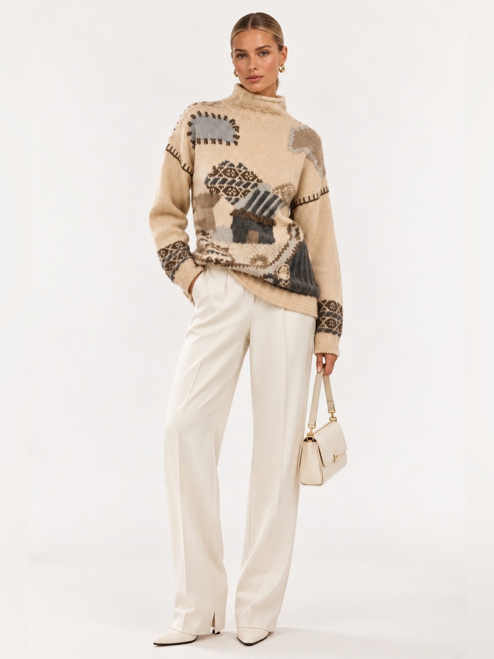 Vintage Beige Patterned Turtleneck Sweater